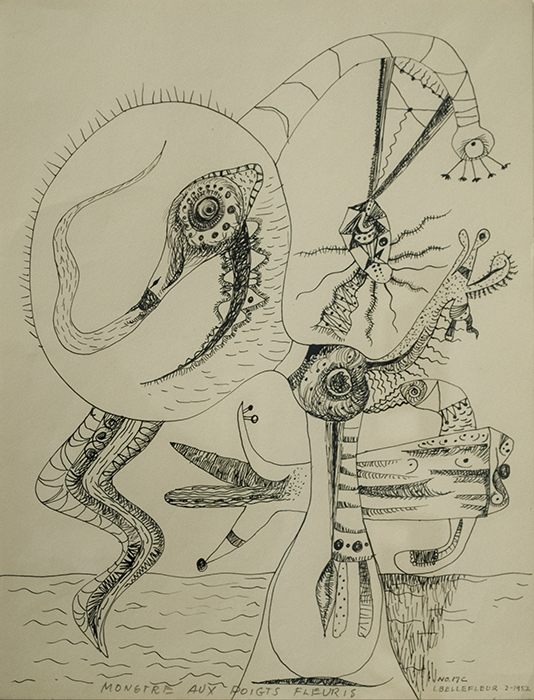 Léon BELLEFLEUR Monstre aux doigts fleuris, 1952 Ink 12" x 9"