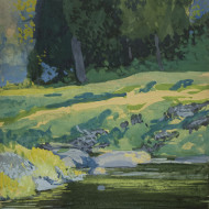 JOHNSTON  Reflections in a pool Gouache 11 x 5 5