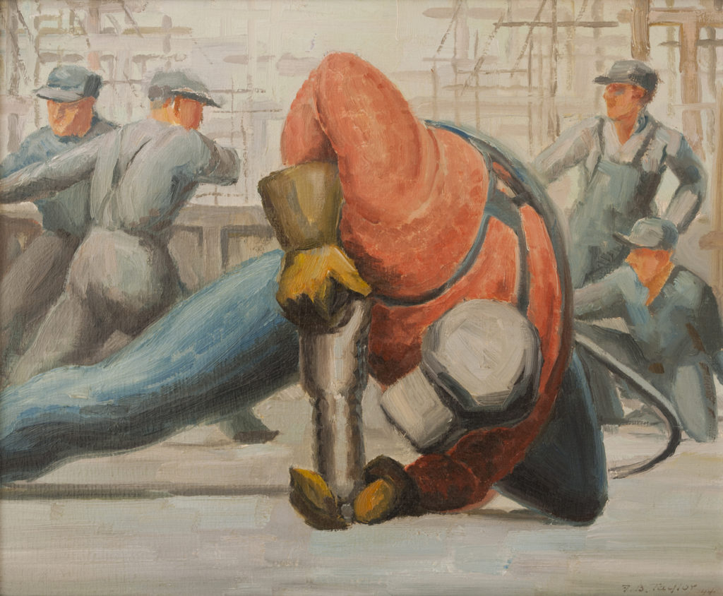 Fred TAYLOR Rivetter on deck, Montreal, 1944 Oil 10" x 12"