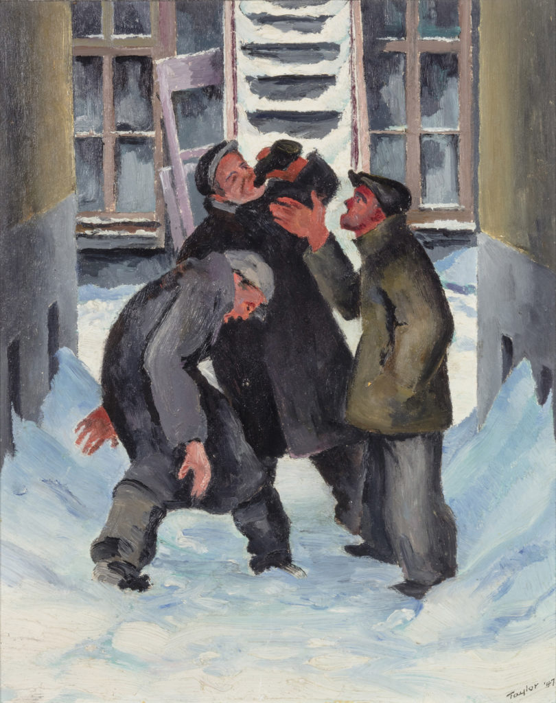 Fred TAYLOR Rubby dub drinkers In courtyard off Clark St., Montreal, 1947 Oil 10.5" x 8.5"