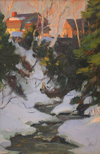 Clarence GAGNON Farm at sunset Charlevoix, 1921 Oil 7" x 4.5"