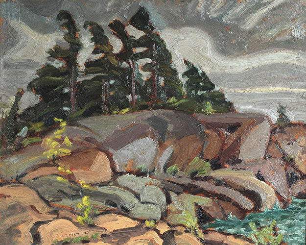 Arthur LISMER Pines leaning, Georgian Bay, 1926 Oil 13" x 16"
