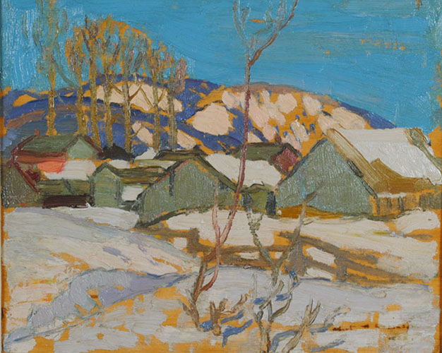 Albert ROBINSON Laurentian village in winter, c.1922 Oil 8.5" x 10.5"