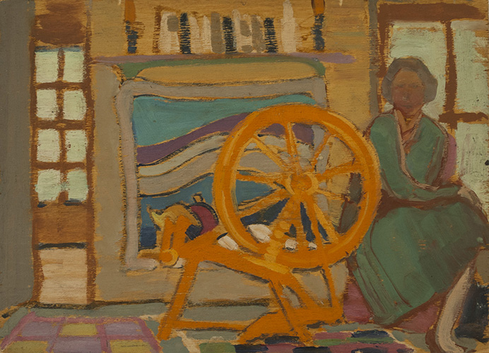Anne SAVAGE Woman at spinning wheel Oil 8.75" x 12"