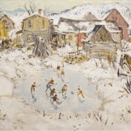 LITTLE Skating rink with young players 1960 Oil 18 x 24 2