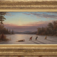 KRIEGHOFF Indians crossing frozen lake at sunset c 1860 OIL FRAMED 8 375 x 15 5