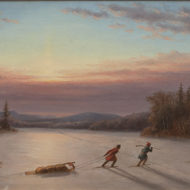 KRIEGHOFF Indians crossing frozen lake at sunset c 1860 Oil 8 375 x 15 5
