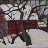 HEWARD The red barn in winter OIL 7 x 9