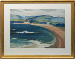 a painting of a beach and mountains. Agnès Lefort. Sans Titre Gouache 22.5" x 28.5"