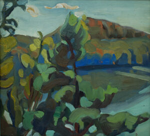 a painting of a landscape with trees and a mountain. Pegi Nicol MacLeod. Canadian Artist. Untitled landscape, Oil, 11" x 12.25"