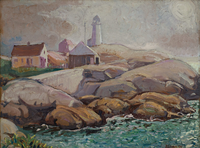 SOLD Lighthouse in fog, c. 1940 Oil 12" x 16"