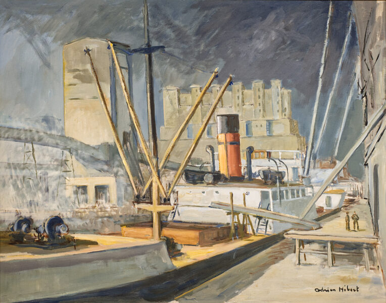 SOLD Cunard freighter in the Montreal docks Oil on canvas 30" x 38"
