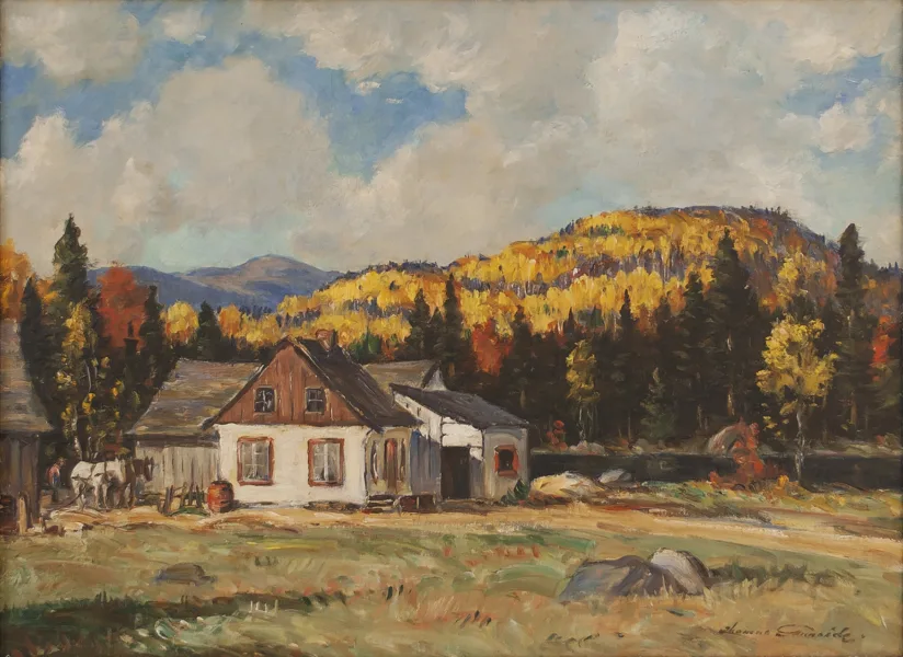 SOLD Autumn landscape with farm Oil 16" x 22"