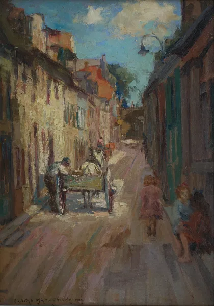 SOLD Street scene 1907, Oil, 17.25" x 12.25"
