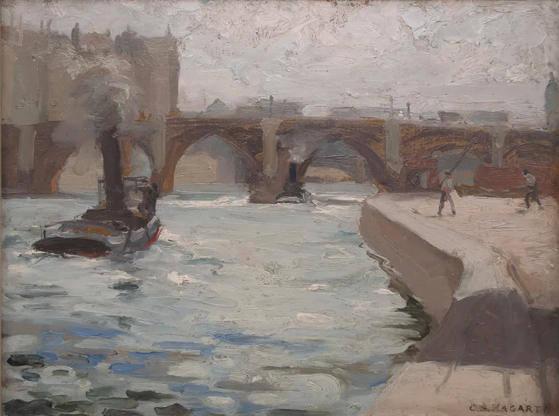 SOLD River scene with bridge Oil 10.5" x 13.5"
